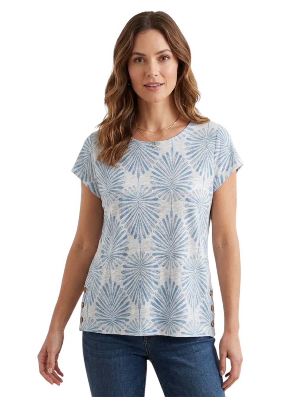 Joie Linen Blend Palm Print Short Sleeve Side-Button Top NWT